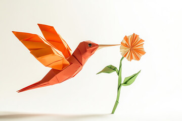 Fototapeta premium Unique paper art hummingbird shows beauty, hovering and nice, and shows the flower on the design frame. Wonderful design, hummingbird is beauty and flying.