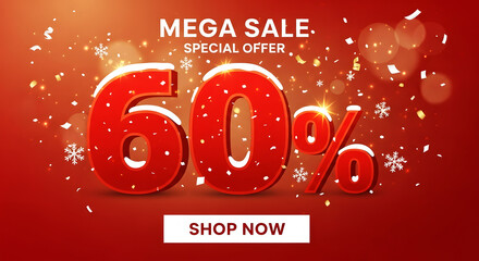 Mega Sale Special Offer 60 Percent Discount with Snowflakes and Confetti on Red Background percentage
