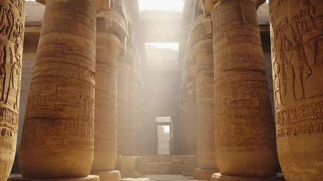 Majestic Columns of Karnak Temple, Luxor, Egypt, Featuring Ancient Hieroglyphics and Sunlight, Representing History, Architecture, and Travel