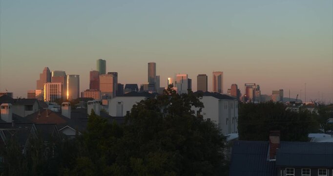 Drone View of Houston Downtown Skyline at Golden Hour from Third Ward Neighborhood | 4K