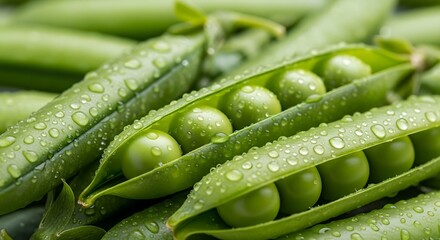 Fresh Green Peas in Pods - A Close-Up View with Water Droplets.