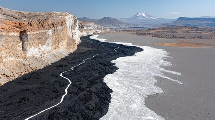 A stark volcanic landscape features a dark, rugged lava flow adjacent to a lighter, smoother area of ash deposits, with a distant snow-capped mountain under a c