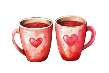 Watercolor Valentine Couple Mugs Isolated on Transparent Background. Cute Valentine Mug Pair Watercolor Illustration Isolated PNG.