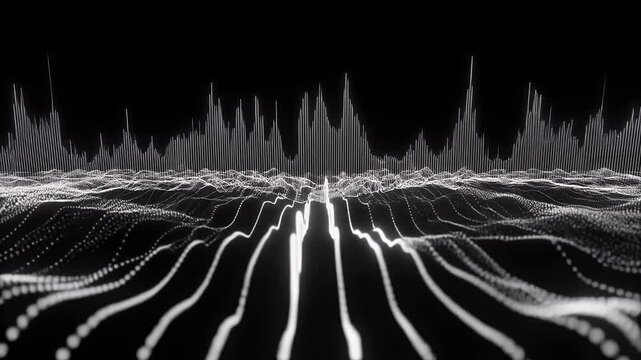 Abstract digital landscape with sound wave visualization.