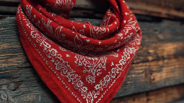 Red Bandana with White Paisley Print on Rustic Wooden Background, Western Fashion Accessory, Cowboy Style, Country Aesthetic, Close-Up Shot