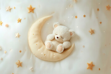Showcase cuddly teddy resting on moon, ideal for promoting sleep related products. Highlight softness with tranquil atmosphere and delicate design, for 