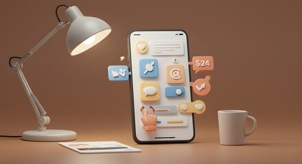 Smartphone with floating app icons, notifications, desk lamp, and coffee mug. Digital productivity and modern technology concept.
