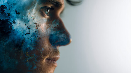 Profile of a thoughtful man blended with cosmic blue nebula digital art representing imagination and inner exploration against a soft light background