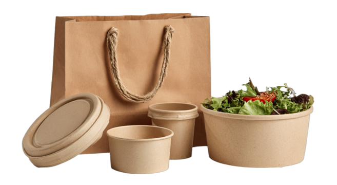 Reusable food containers and fresh salad in a paper bag