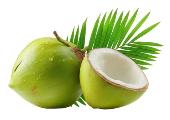 Fresh green coconut and a palm frond on black