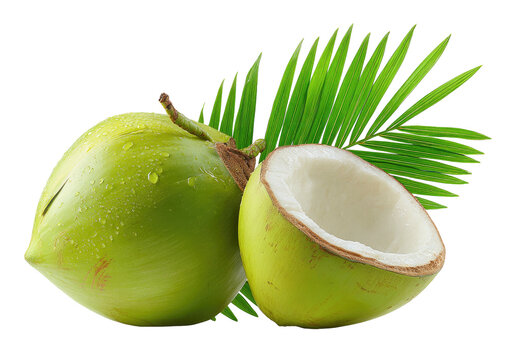 Fresh green coconut and a palm frond on black