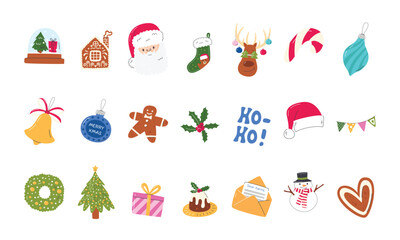 Christmas Holiday Icon Set with Santa, Snowman and Festive Elements