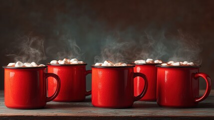 Steaming hot chocolate with marshmallows in festive red mugs on rustic wooden table background