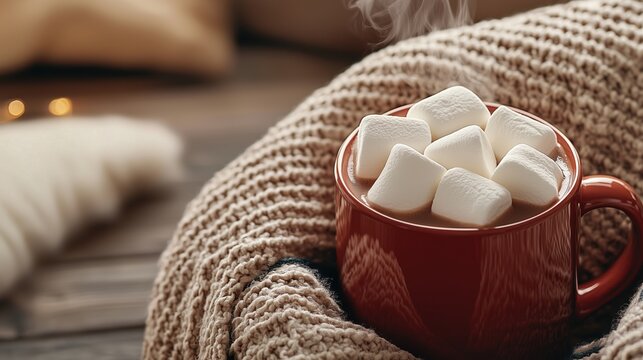 Cozy winter scene with red mug of hot chocolate and marshmallows wrapped in warm knitted blanket