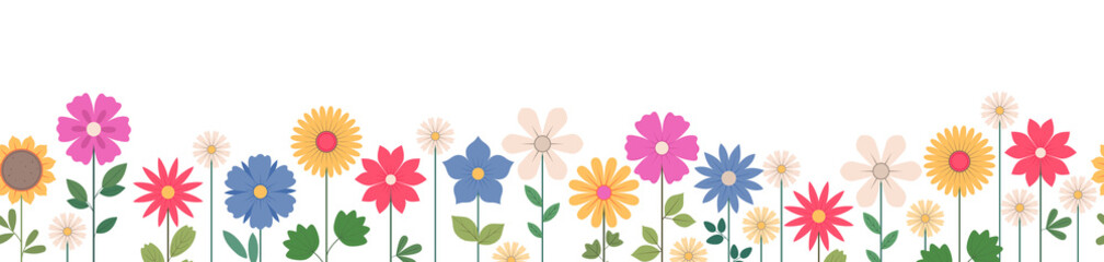 Horizontal seamless banner decorated with a simple blooming flowers and leaves. Spring floral backdrop. Flat Illustration on a transparent background