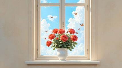 Vase of coral roses on a white window sill with blue sky, clouds, and butterflies outside