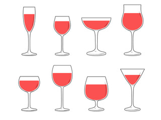 A collection of glasses with red liquid, sketch style. Illustration on a transparent background