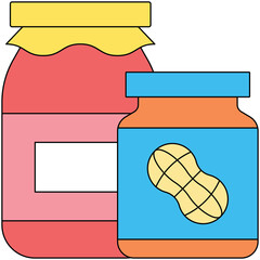 Two jars of condiments one with pink jam and the other with peanut butter against a transparent background