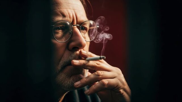 Sequence of a senior caucasian man with glasses smoking a cigarette in a dark, moody setting. Cinematic panoramic portrait exploring themes of stress, addiction, and deep thought