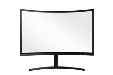 Modern Black Curved Gaming Monitor with Blank White Screen Isolated PNG. Curved Computer Monitor Mockup Black Screen Transparent Background.
