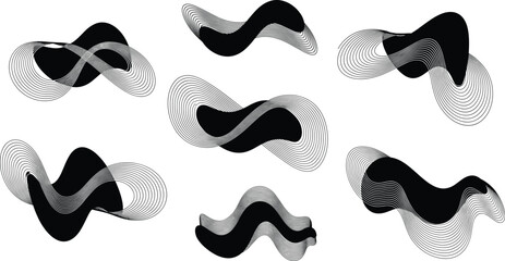Abstract wave contour vector set, black fluid shapes with concentric lines, editable modern artwork, commercial-ready, print-ready, premium design
