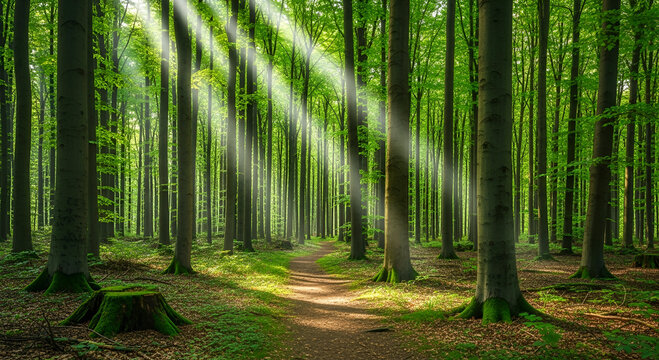Morning forest footpath with sunlight and green trees - Powered by Adobe