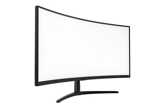 Modern Black Curved Gaming Monitor with Blank White Screen Isolated PNG. Curved Computer Monitor Mockup Black Screen Transparent Background. - Powered by Adobe