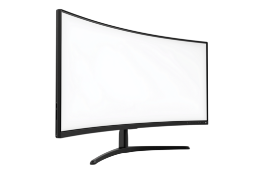 Modern Black Curved Gaming Monitor with Blank White Screen Isolated PNG. Curved Computer Monitor Mockup Black Screen Transparent Background.