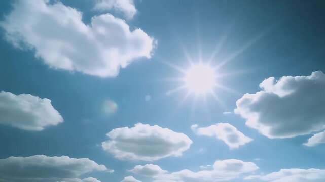 The sun shines brightly in a clear blue sky with fluffy white clouds.
