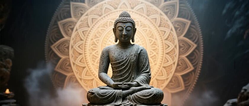 Meditation, Buddha Statue, Temple Sanctum, Spiritual Photography, Mystical Ambiance, Frontal Close-up View, Enlightenment Concept