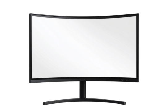 Modern Black Curved Gaming Monitor with Blank White Screen Isolated PNG. Curved Computer Monitor Mockup Black Screen Transparent Background. - Powered by Adobe