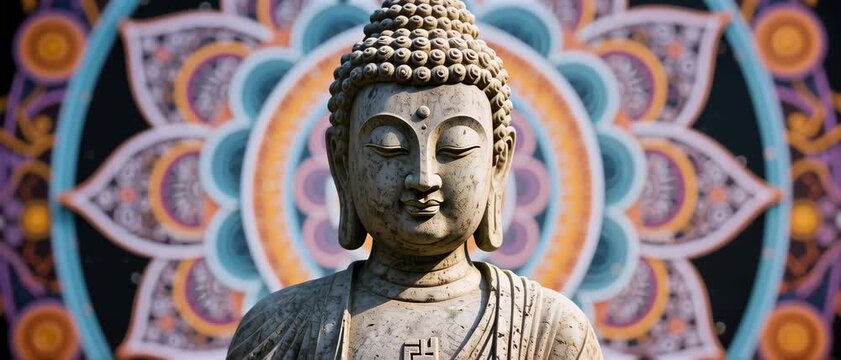 Meditation, Buddha Statue, Temple Setting, Stone Sculpture, Serene Spiritual Environment, Close-up Frontal Viewpoint, Enlightenment Concept