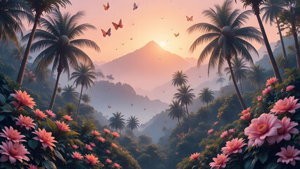 Romantic tropical sunset landscape with pink flowers, palm trees, mountains, and flying butterflies