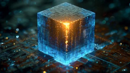 Futuristic cube glowing core digital circuit holographic light neon blue sci fi technology data cube quantum concept cyberpunk style abstract 3D art pulse with energy high tech ambiance across - Powered by Adobe