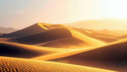Vast desert landscape featuring rolling sand dunes illuminated by the warm glow of the sun, creating dramatic shadows and highlights.