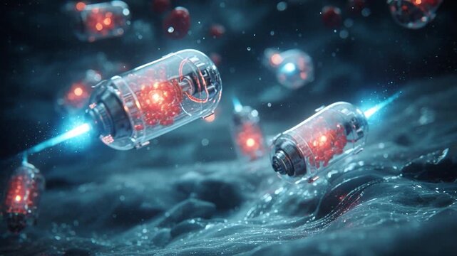 Futuristic nanobot medical microbot sci fi technology glowing blue light red core micro surgery robotics nano scale cyberpunk aesthetic laboratory concept gently explore tissue with hopeful precision