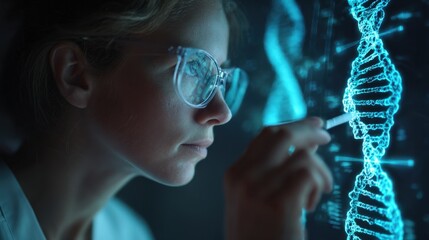 Female Scientist Analyzing Blue Digital Dna Strand in Laboratory