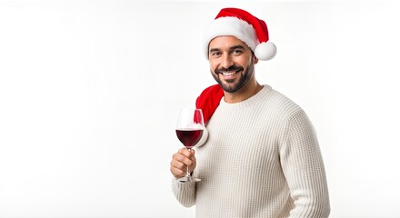 A smiling man wearing a Santa hat holds a glass of red wine, celebrating the holiday season.