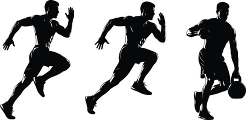 Fitness silhouette vector illustration, athletic male poses, editable workout icons, commercial-ready, print-ready, premium design