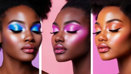 A triptych showcasing captivating makeup artistry with vibrant, gleaming eyeshadows and radiant skin