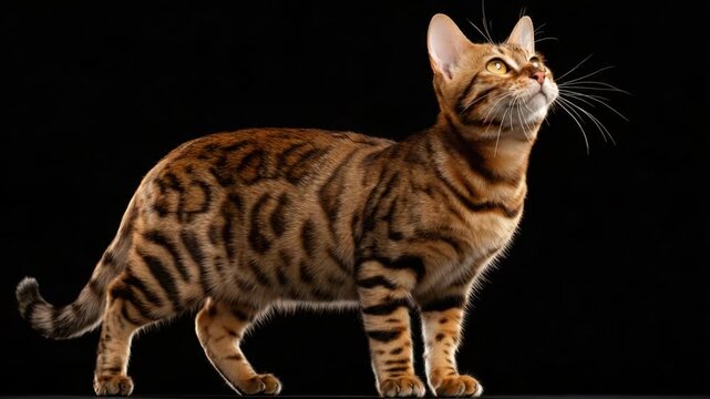 A striking Bengal cat with a spotted and striped coat, gazing upwards against a black backdrop