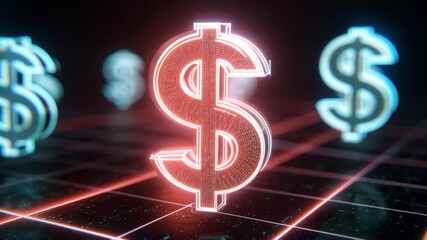 Neon dollar sign digital finance cyber grid glowing symbol futuristic money virtual currency fintech concept abstract background 3D render financial technology pulse and finance currency money - Powered by Adobe