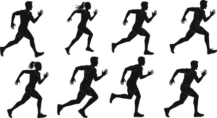 Running silhouette vector set, black athletic motion poses, editable sports artwork, commercial-ready, print-ready, premium  