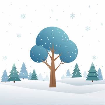 winter season landscape background, tree and falling snow