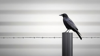 Crow perched on fence post with blurred background, moody atmosphere, black bird