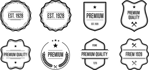 Vintage badge vector set, black-and-white premium labels with retro typography, editable logo elements, commercial-ready, print-ready, premium design