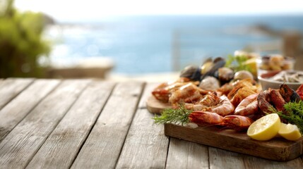 Platter of fresh grilled seafood prawns mussels lemon and herbs on a rustic wooden table by the sea