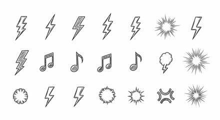 Hand-drawn lightning bolts, music notes, and explosion symbols in a simple, sketch-like style.