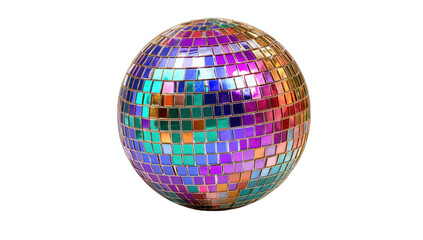 A spherical disco ball composed of small, reflective square tiles shimmering with rainbow colors