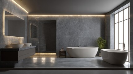 Modern luxurious bathroom with two freestanding bathtubs double vanity and grey marble walls
